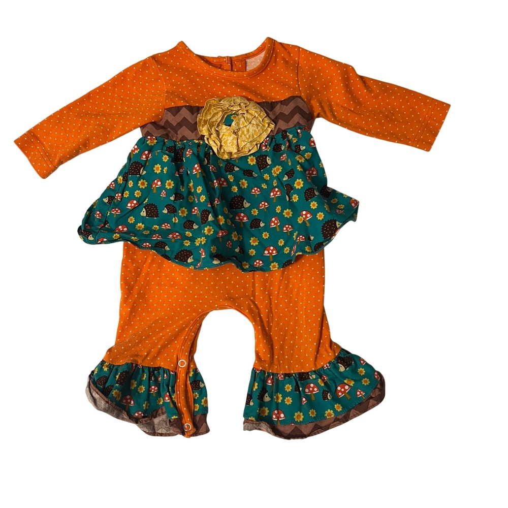 Ricrac & Ruffles Baby Girls Orange Hedgehog Mushroom Polka Dot Romper 6/9M